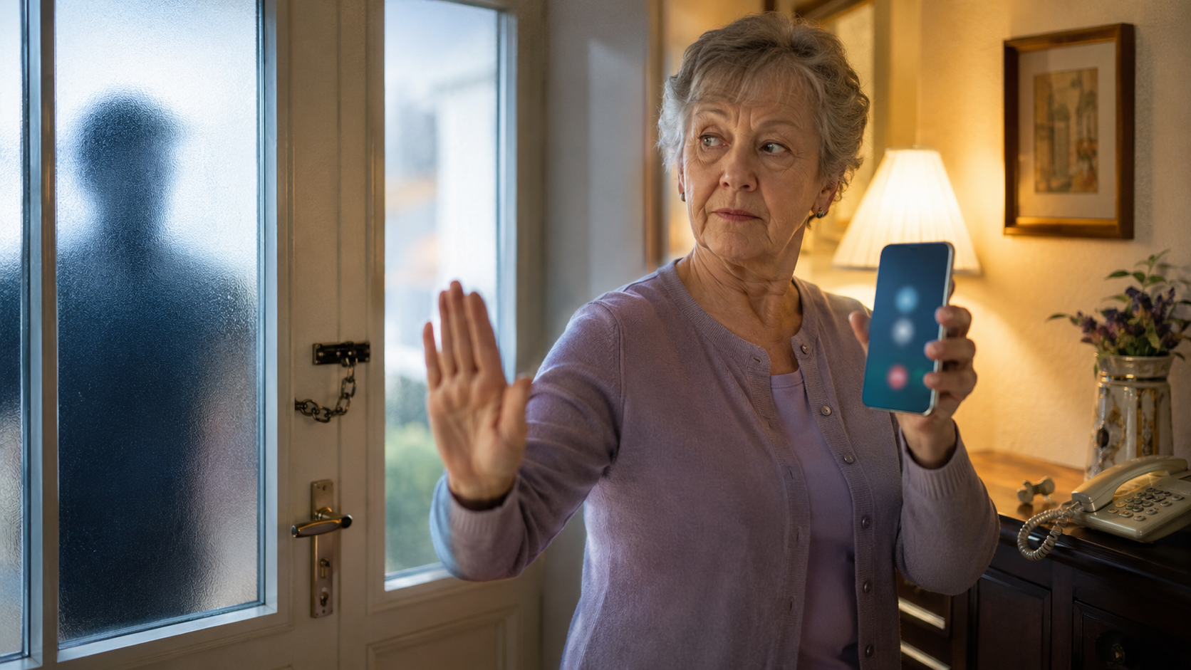 Wachsame Seniorin vor verschlossener Haustür

